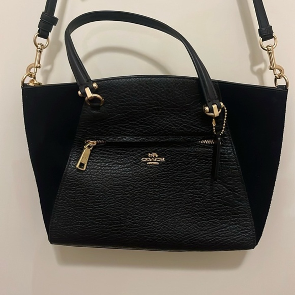 Coach Prairie‎ Satchel in black leather and suede bag with removable strap.